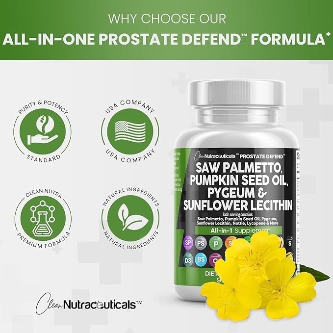 Clean Nutraceuticals Saw Palmetto Pumpkin Seed Oil Pygeum Sunflower Lecithin Stinging Nettle Cranberry - Prostate Supplements for Men with Lycopene - 90 Caps