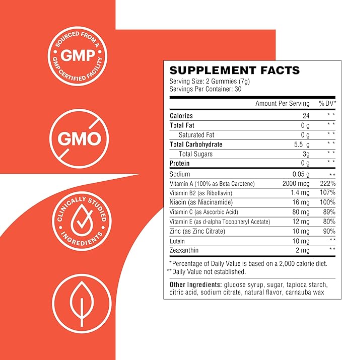 Florio Eye Health Gummy Vitamins for Adults, 2X Lutein & Zeaxanthin, Vitamins A, B2, B3, C & E, Preserve Macular & Retinal Health, Fights Oxidation, 30-Day Supply, Natural Peach Flavor