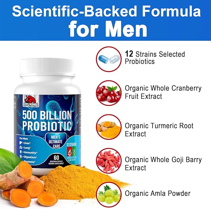 Probiotics for Men, 500 Billion CFU & 12 Strains Mens Probiotic, Men Probiotics with Turmeric, Cranberry, Goji, Gut Health for Men, Probiotics for Men Digestive Health, Immune Bloating, 120-Day Supply