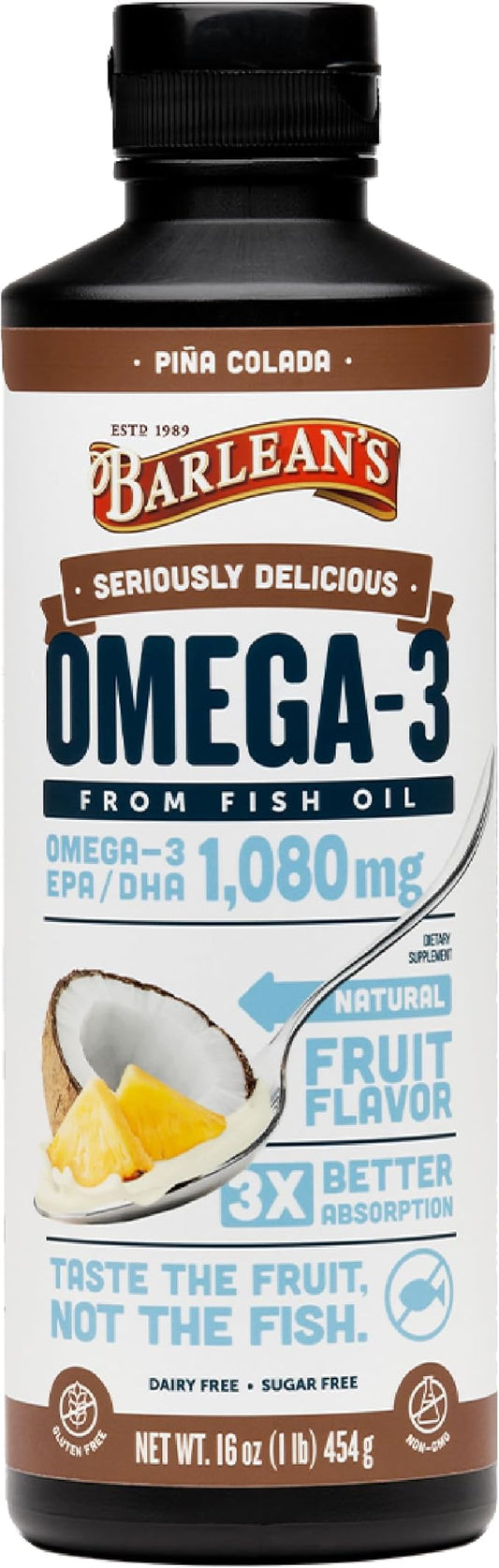 Barlean's Pina Colada Omega 3 Fish Oil Liquid Supplement 1080mg of High Potency EPA & DHA Omegas, Smoothie Flavored & Burpless Omega 3 for Kids and Adults, 16 oz