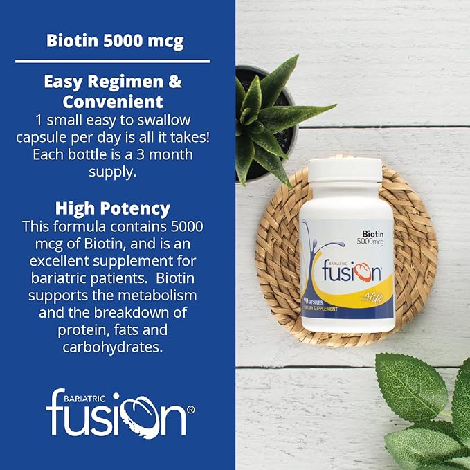 Bariatric Fusion Biotin 5000mcg Vitamin | Easy to Swallow Capsules Biotin Supplement for Hair Growth | 90 Count | 3 Month Supply