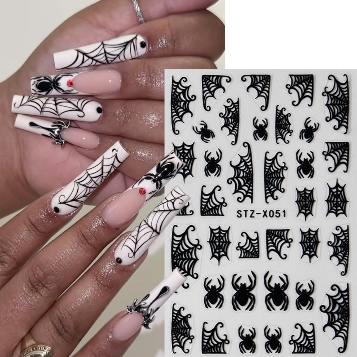 Halloween Nail Stickers 3D Self-Adhesive Goth Nail Art Stickers Pink Spider Web Spider Heart Glitter Design Halloween Acrylic Nail Art Decoration Cute Horror Nail Decals for Women Acrylic Nails DIY