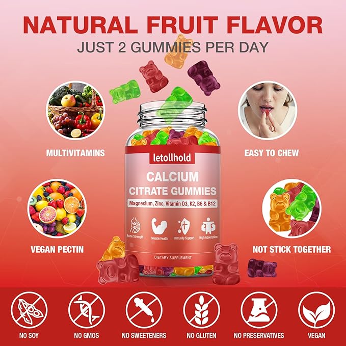 Calcium Citrate Gummies - 1200 mg Calcium Gummies with Magnesium Zinc Vitamins - Calcium Chews for Bone, Muscle, Joints, Immune Support, High Absorption Calcium Supplements for Women & Men 2 Packs