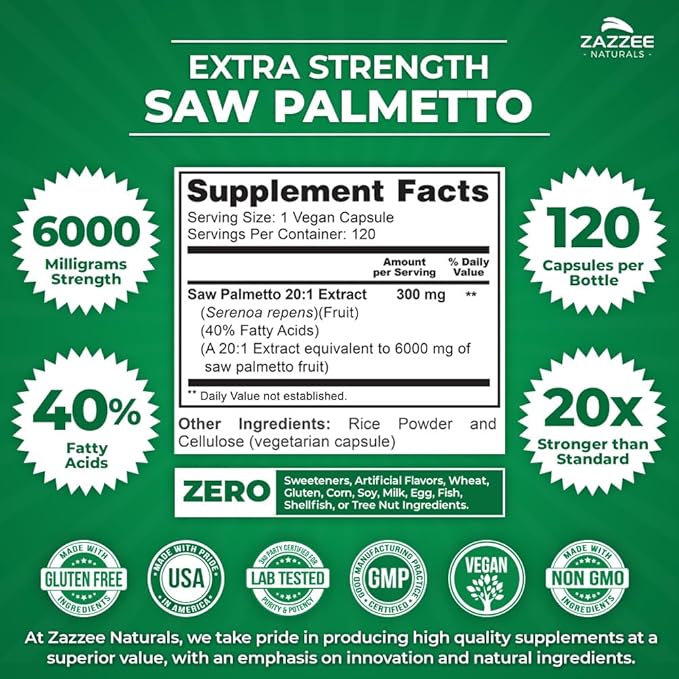 Zazzee Extra Strength Saw Palmetto 20:1 Extract, 6000 mg Strength, 40% Fatty Acids, 120 Vegan Capsules, 4 Month Supply, Concentrated and Standardized 20X Extract, Non-GMO, All-Natural, Made in the USA