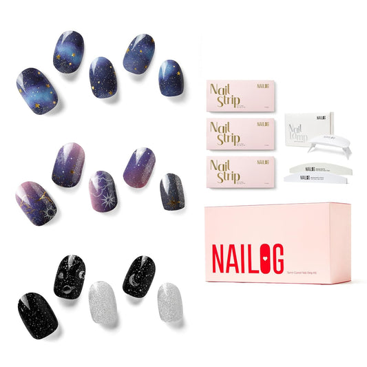 NAILOG Semi Cured Gel Nail Strip Starter Kit - (Include 60Pcs Nail Stickers, 1 UV Lamp and 2 Nail Files) Long Lasting Gel Nail Wraps Gift Kit for Christmas Day, Skyscape