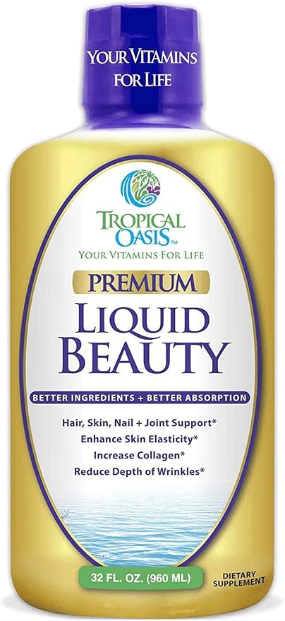 Tropical Oasis - Liquid Beauty | Supplement for Hair, Skin, & Nail Growth, Weight Control, Joint Support - Biotin + Hydrolyzed Collagen (32 Servings)