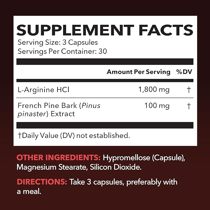 L Arginine Pine Bark Extract Capsules - Potent 2X Formula Nitric Oxide Supplement for Men with 1800mg LArginine and 100mg French Pine Bark - Endurance Performance Recovery - 90 Count 1-Month Supply