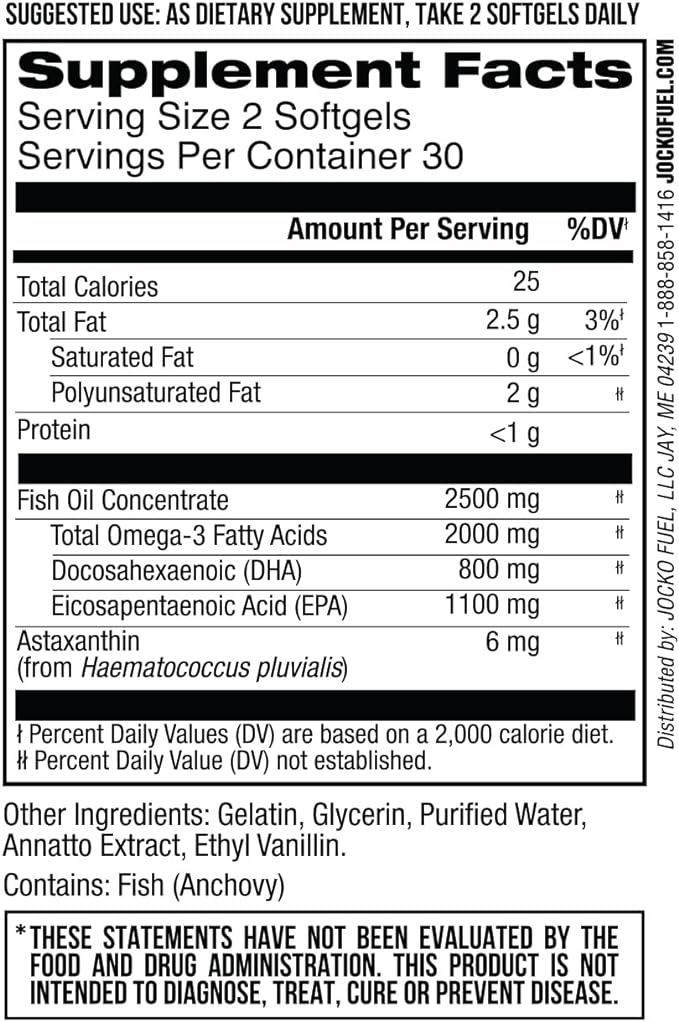 Jocko Fuel Omega 3 Fish Oil Supplement - Burpless Fish Oil 2000mg Omega 3 Fatty Acid Supplement Powerful Antioxidant with Astaxanthin - Supports Brain, Heart, & Mood (60 Capsules) (30 Day Supply)