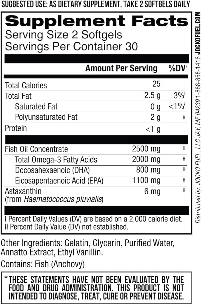 Jocko Fuel Omega 3 Fish Oil Supplement - Burpless Fish Oil 2000mg Omega 3 Fatty Acid Supplement Powerful Antioxidant with Astaxanthin - Supports Brain, Heart, & Mood (60 Capsules) (30 Day Supply)