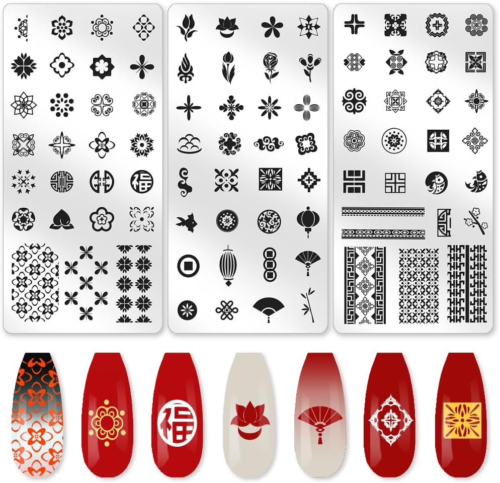 3Pcs Chinese Style Nail Stamping Plate Set Lucky Words Lanterns Bamboo Steel Nail Stamp Templates Clear Silicone Nails Stamping with Stamper Scraper for Manicure Printing