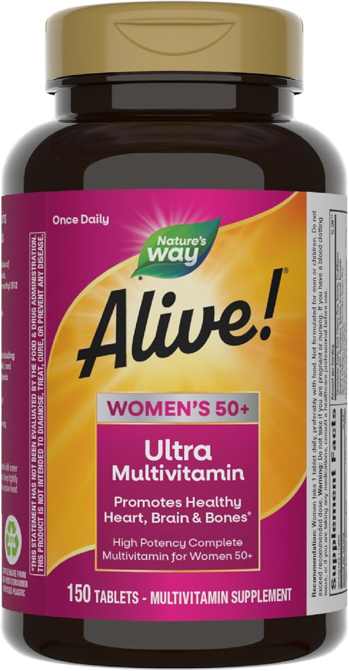 Nature’s Way Alive! Women’s 50+ Ultra Potency Complete Multivitamin, High Potency Formula, Promotes Healthy Heart, Brain, Bones*, with Methylated B12, Gluten-Free, 150 Tablets (Packaging May Vary)