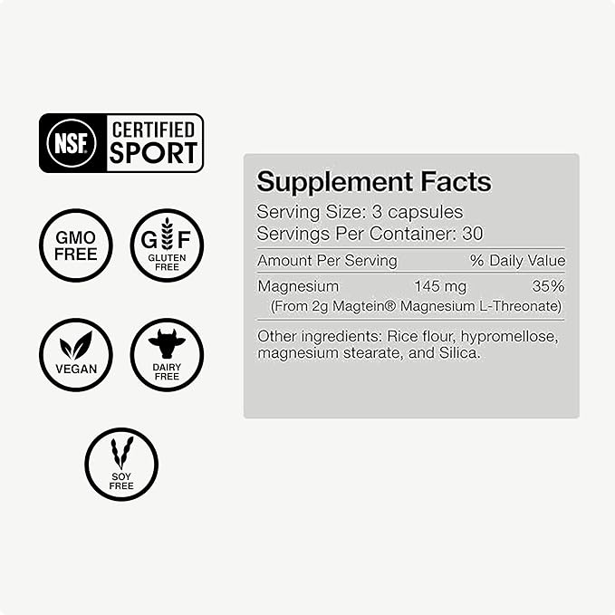 Momentous Magtein Magnesium L-Threonate 145mg - Magnesium Threonate Supplement for Cognitive Function & Rest Support - Magnesium L Threonate Capsules, 30 Servings (Package May Vary)