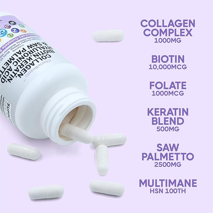 100% Natural Collagen Pills 1000mg Biotin 10000mcg Keratin Saw Palmetto 2500mg Hyaluronic Acid & Pumpkin Seed with Vitamin C and Vitamin E