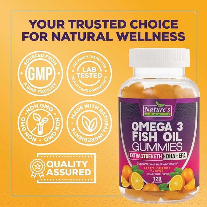 Omega Fish Oil Gummies - Delicious Orange Flavor Fish Oil Omega 3 Supplements with Heart Healthy EPA & DHA Fatty Acids for Heart, Joint & Brain Support - Omega 3 Fish Oil Gummy Vitamins - 120 Gummies