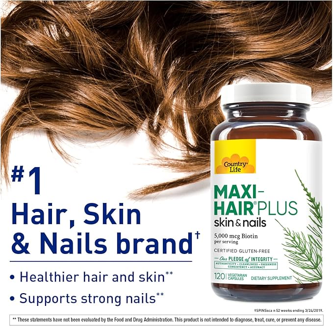 Country Life, Maxi-Hair Plus Biotin, Supports Healthy Hair, Skin and Nails, Daily Supplement, 120 ct