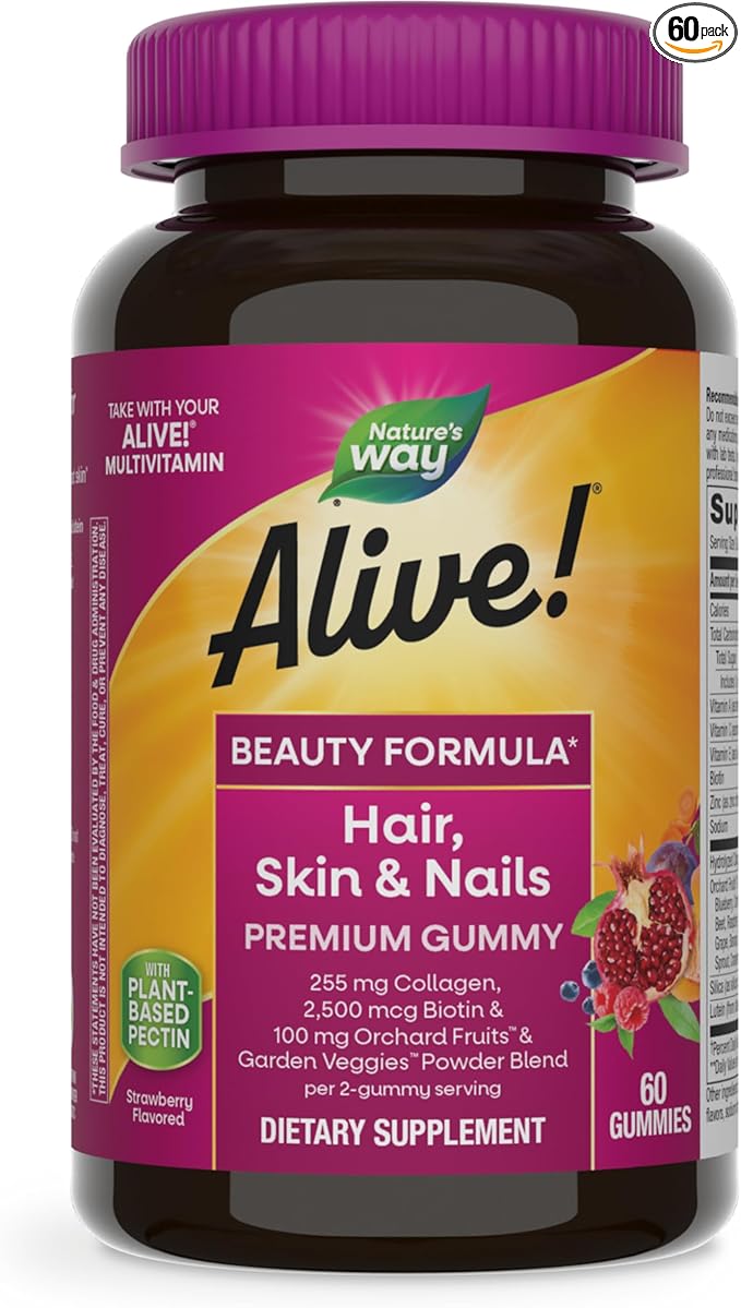 Nature's Way Alive! Hair, Skin & Nails Premium Gummies, Beauty Formula*, with Collagen, Biotin, Vitamins C & E, Strawberry Flavored, 60 Gummies (Packaging May Vary)