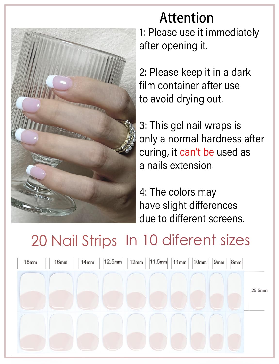 Semi Cured Gel Nail Strips | Classic French 20pcs Semi Cured Gel Nails Sticker | Gel Nail Wraps UV for Home Nails DIY (Nude Transparent)