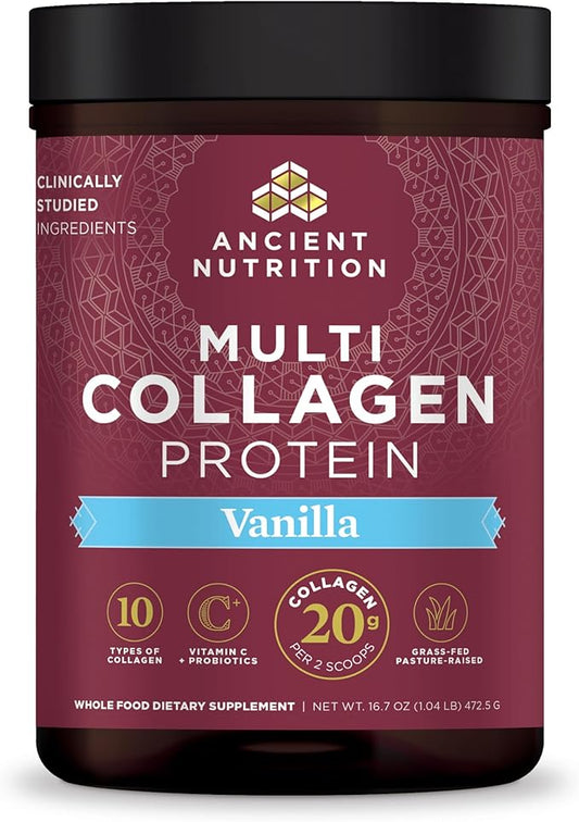 Collagen Powder Protein by Ancient Nutrition, Multi Collagen Vanilla Protein Powder, 45 Servings, with Vitamin C, Hydrolyzed Collagen Peptides Supports Skin and Nails, Gut Health, 16.7oz