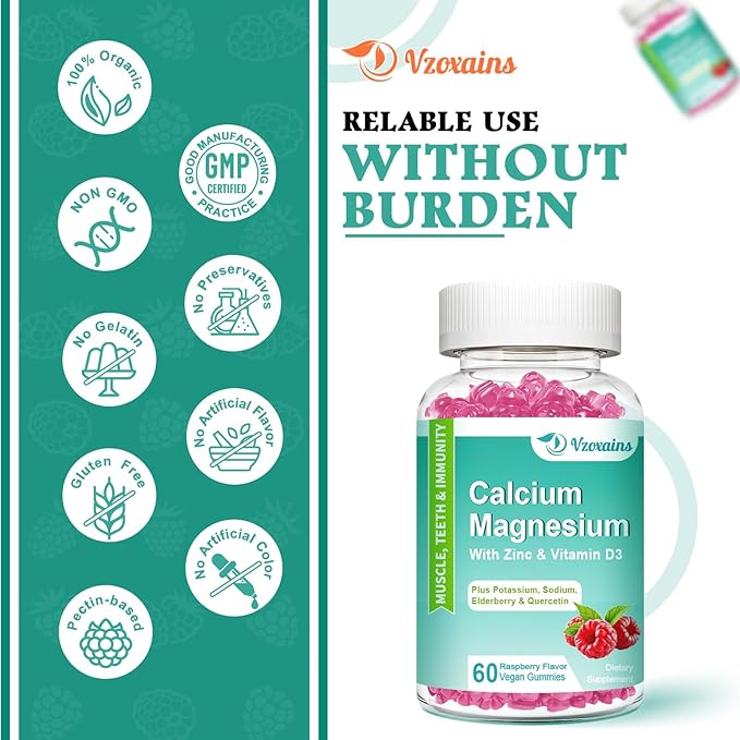 High Absorption Calcium Magnesium Zinc Gummies with Magnesium Glycinate 400mg, Sugar Free Calcium Magnesium Supplement for Bone & Teeth Strength, Muscle Function - Vegan, 60 Count