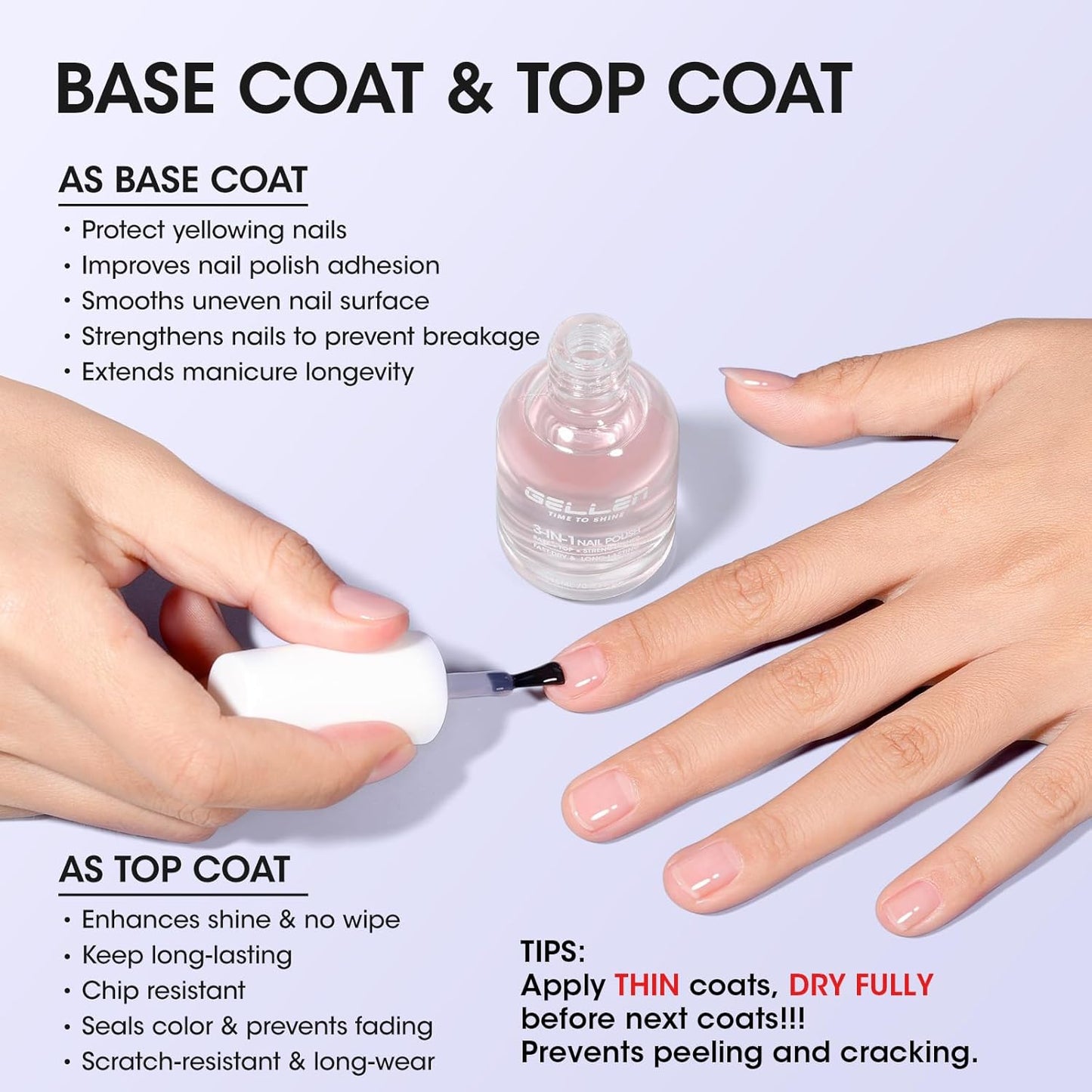 Gellen 3-In-1 Clear Nail Polish Base Top Coat & Strengthener, Sheer Nail Polish Hydrates Strengthens Nourishes Weak Damaged Dry Nails, Keratin & Vitamin E Formula, Hema Free, Non-toxic, Anti-yellowing