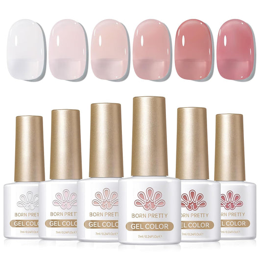 Born Pretty Milky White Jelly Nude Pink Gel Nail Polish Translucent Natural Sheer Pink Soak Off U v Light Cure Gel Polish Kit for Salon and Nail Art DIY at Home 6Colors