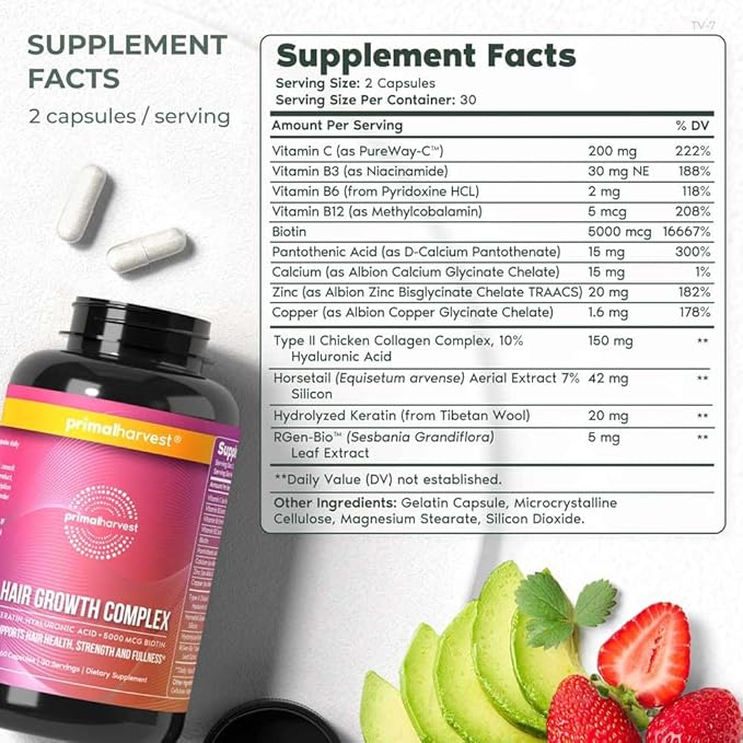 Primal Harvest Primal Hair Complex 1 Pack, Regrowth Hair Supplement for Women & Men, Natural Hair Vitamins w/Thickening Products Biotin & Zinc (60 Capsules)