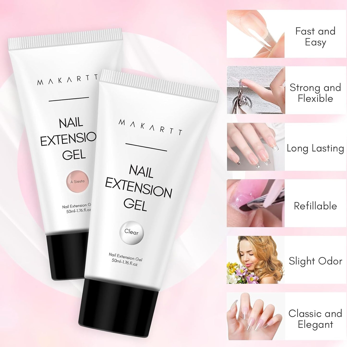 Makartt Poly Nail Gel Set Clear Nude Pink 2PCs 50ML Gel Builder for Extension Natural-Looking Nail Strengthener 3D Diy Hard Gel Manicures Home Salon