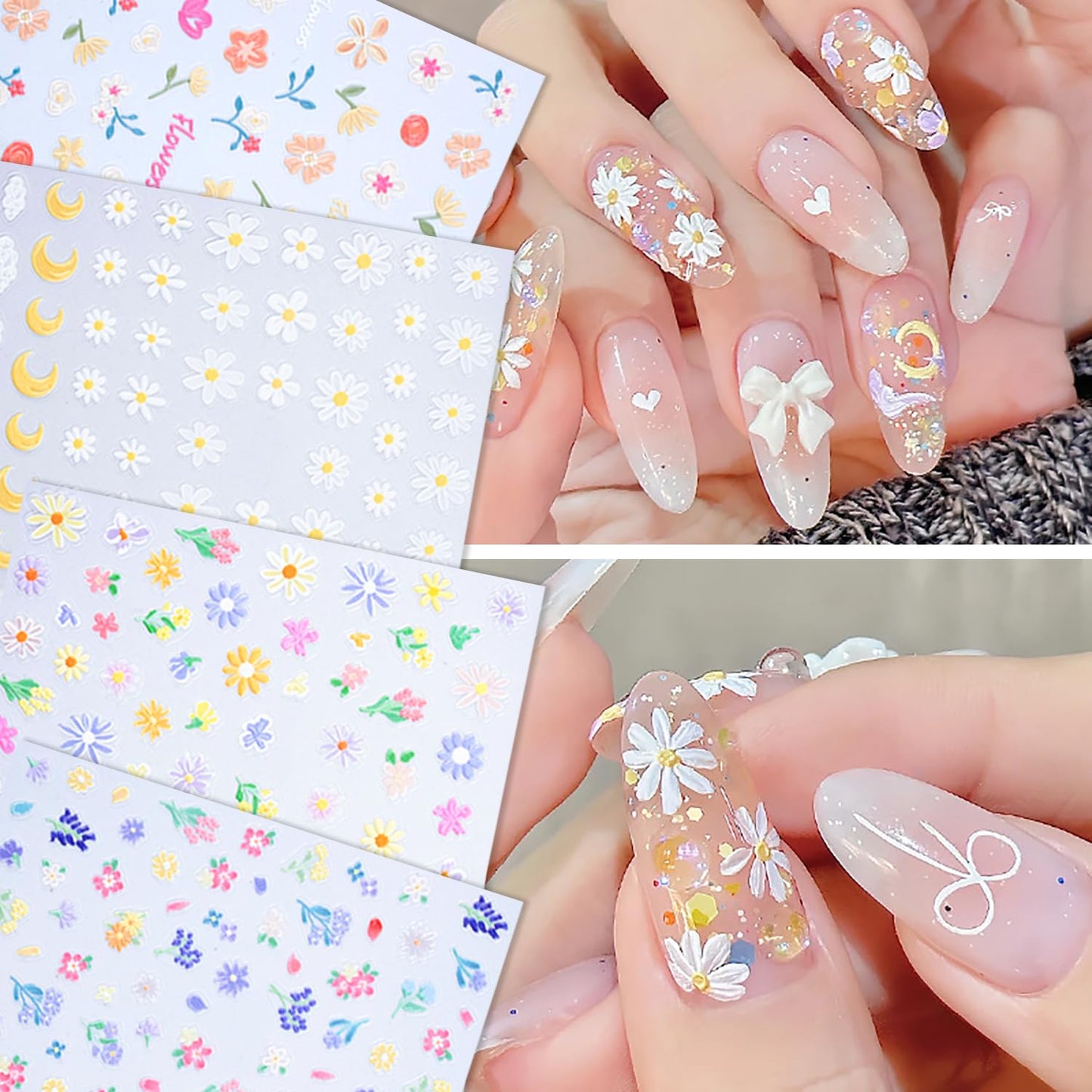 SILPECWEE 8 Sheets Flower Nail Art Stickers 3D Flower Daisy Nail Stickers Self-Adhesive Nail Design Stickers Spring Nail Decals for Nail Art Decoration Accessories