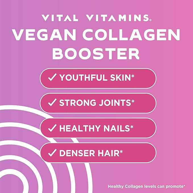 Vital Vitamins Vegan Collagen Booster - Plant Collagen Supplements - Supports Hair, Skin, Nails & Joints - with Hyaluronic Acid - 60 Capsules