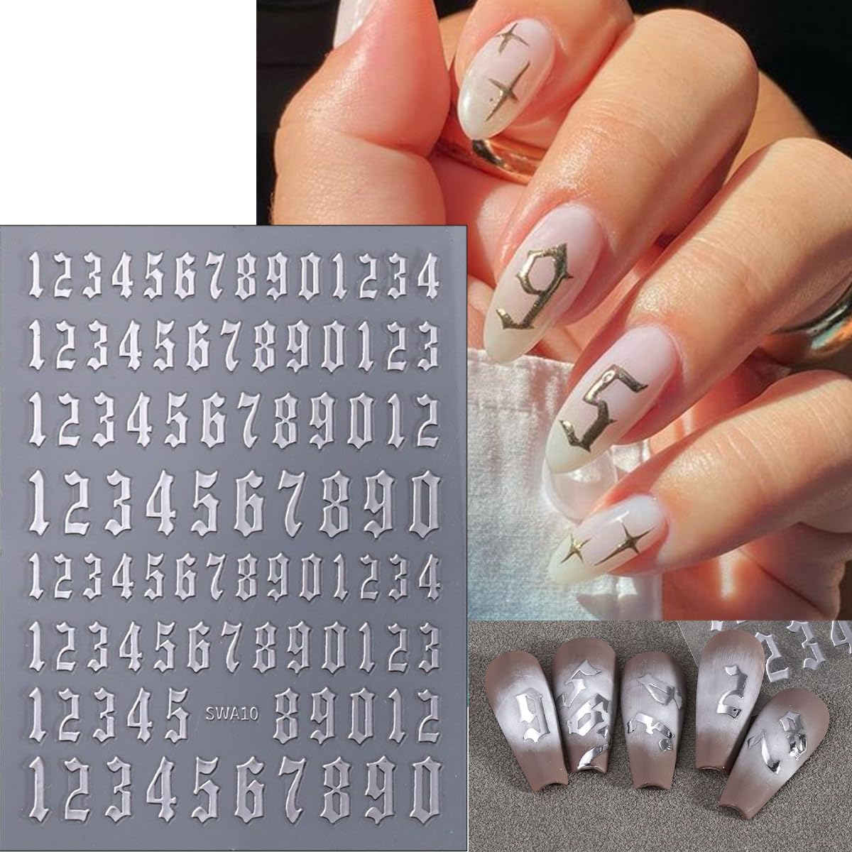 8Pcs Number Nail Stickers 3D Self-Adhesive Laser Arabic Numbers Nail Art Stickers Black White Gold Silver Nail Art Design Supplies 4 Colors Large Small Number Nail Decals for Women DIY Nail Charms Tip