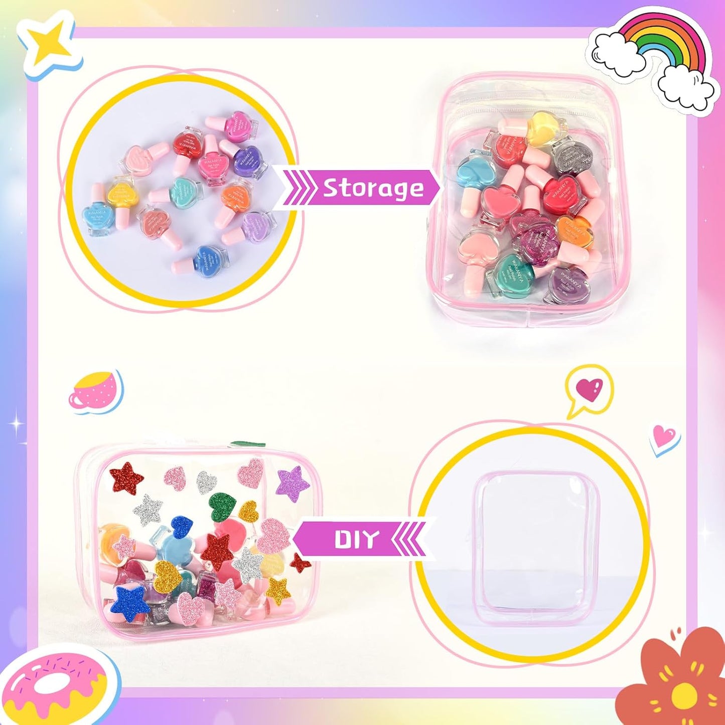 Kids Nail Polish Set - Non Toxic, Quick Dry Peel Off Girls Nail Polish 12 Colors with Glitter Stickers and PVC Organizer Bag