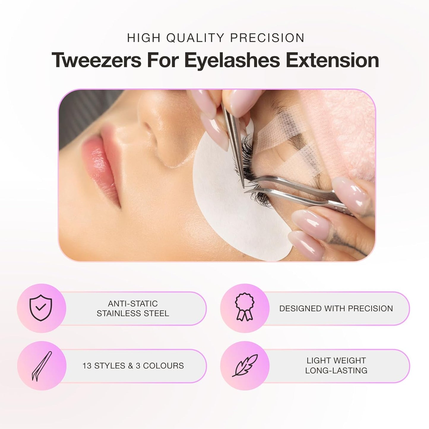 Curacoro Lash Tweezer - Professional & Precision Fiber Tip Grip Lash Tweezers for Eyelash Extensions, Multi Shapes & Purposes Tweezers for Volume, Isolation & Classic Lashes (Silver, Save Time)