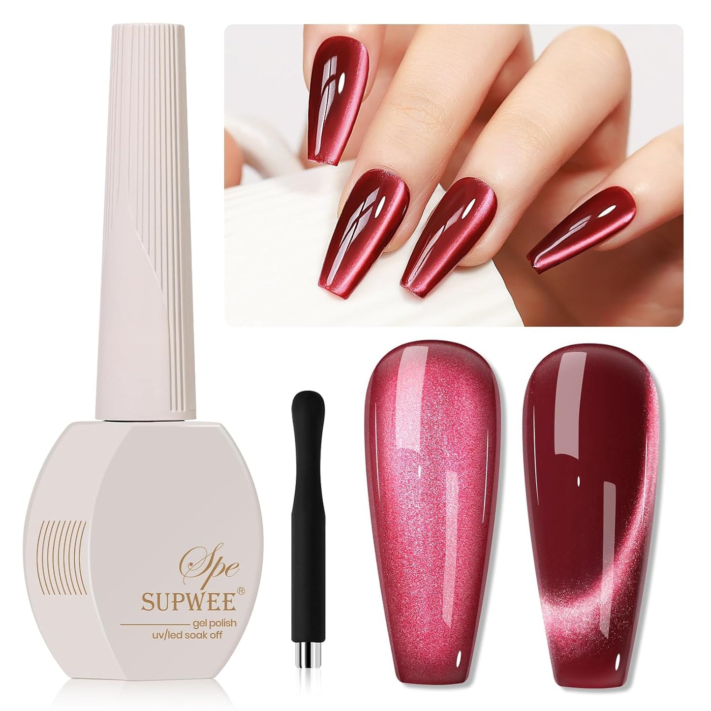 Burgundy Red Cat Eye Gel Nail Polish, 15ml Blood Wine Red Glitter Gel Polish with Magnet Moonlight Translucent Shimmer Magnetic Gel Polish Soak Off U V Gel Salon DIY at Home