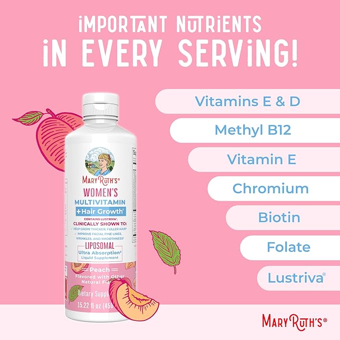 MaryRuth Organics Women's Multivitamin Lustriva Hair Growth Liposomal | Biotin | Vitamin D, B | Clinically Tested for Thicker Hair, Fine Lines, Skin Care | Ages 18 | Hair Vitamins | 15 Fl Oz