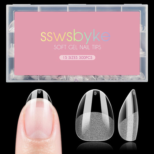 Extra Short Almond Nail Tips, SSWSBYKE 300pcs 15 Sizes Gel Acrylic Nail Tips for Full Cover Pre-Shaped Fake Nails Tips Half Matte Press On Nails for Extension Home DIY Salon
