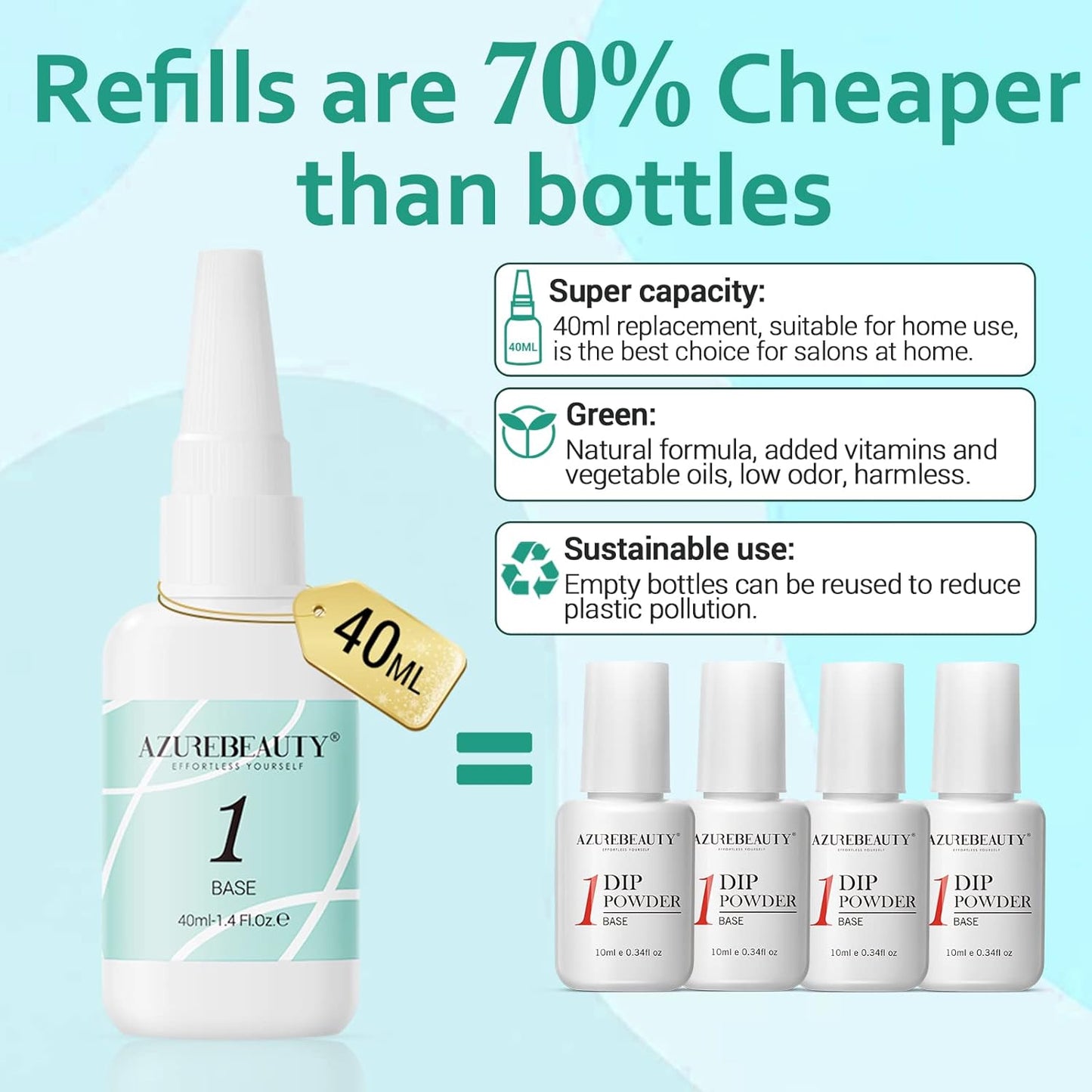 AZUREBEAUTY Dip Powder Base Coat 40ml Large Capacity Dip Base Coat for Refill Dipping Powder Liquid Set French Nail Art Manicure Beginner DIY Salon Home