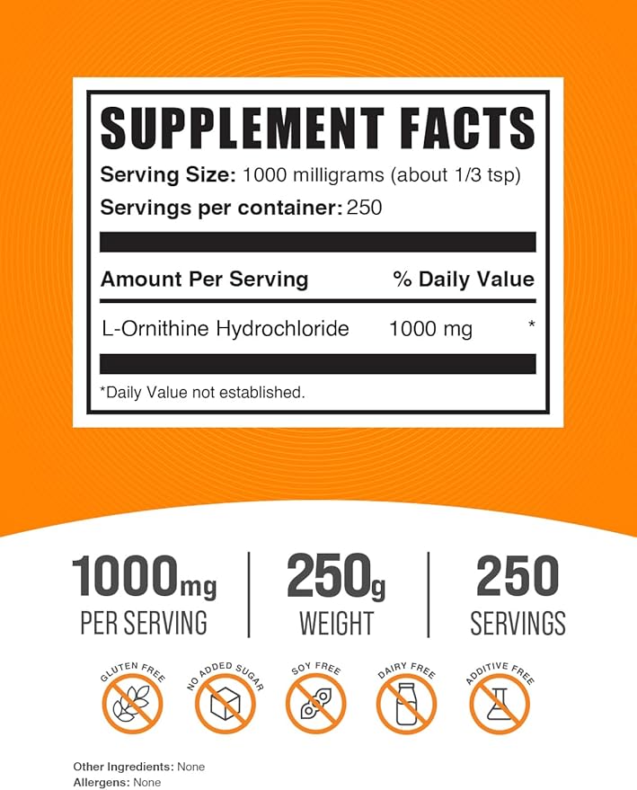 BulkSupplements.com L-Ornithine HCl Powder - L-Ornithine Hydrochloride, Ornithine Supplement - Amino Acids Supplement, Gluten Free, 1000mg per Serving, 250g (8.8 oz) (Pack of 1)