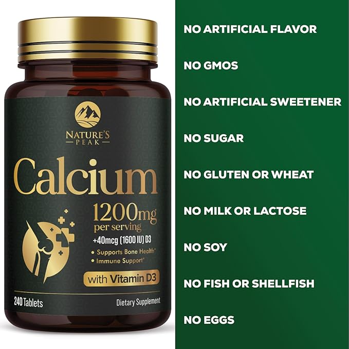 Calcium 1200 mg with Vitamin D3, Calcium Supplement Vitamins, Bone, Teeth & Immune Health Support, Calcium Supplements with D for Women & Men, Nature's Absorbable Calcium Carbonate - 240 Tablets