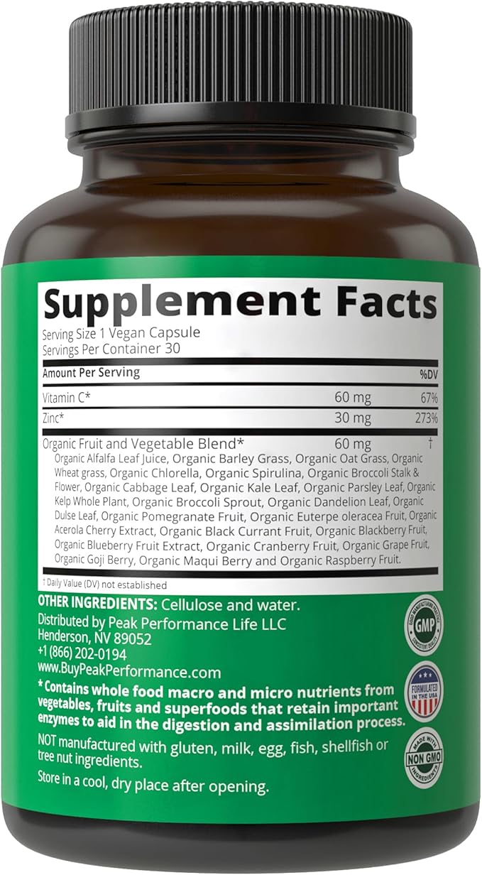 Vegan Zinc Supplement with Vitamin C + Whole Food Blend of 25 Vegetables and Fruits for Max Absorption. Zinc Supplements Zinc 30mg Capsules, Pills, Tablets, Vitamins for Adults Both Men and Women