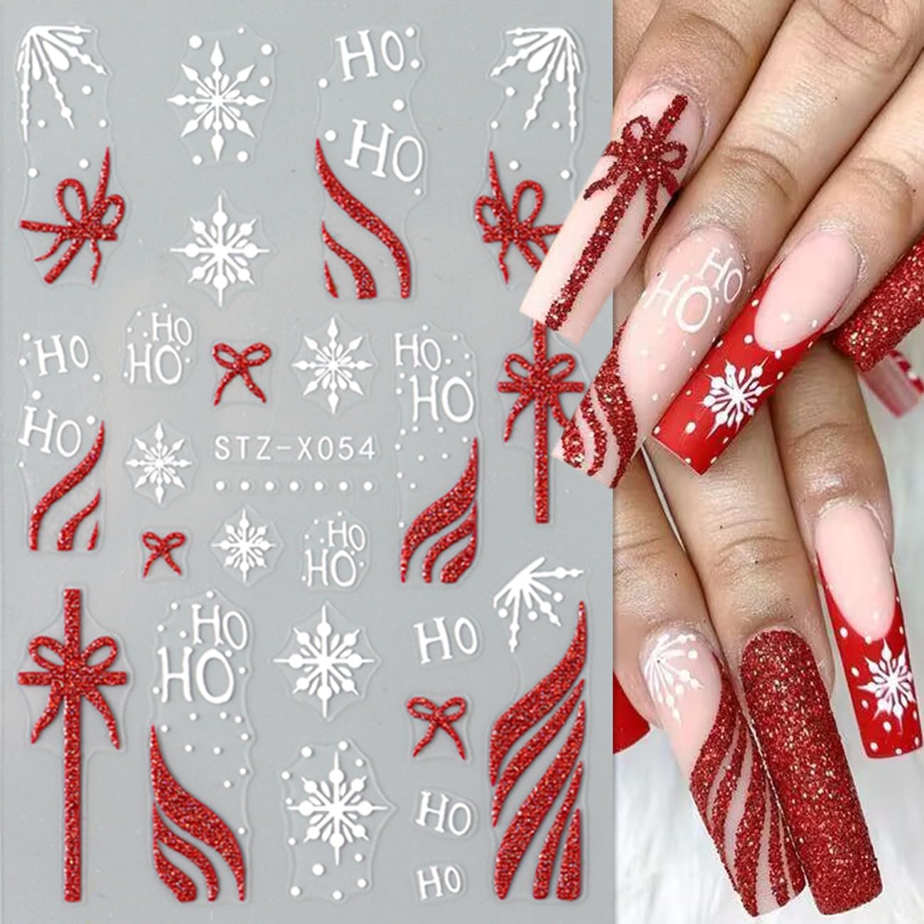 6Sheets Red Christmas Nail Art Stickers,Christmas Hat Snowflake Gift with French Bow Snowflakes Hat Glitter Design 3D Self-Adhesive Decals Supplies Winter New Year Manicure Tips Decoration for Women