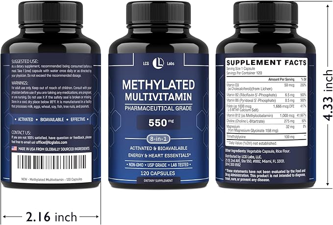 Methylated Multivitamin 550mg - Methylated B Complex, L-MTHF & B12 + TMG - for Men & Women - Methylation Support, Energy & Heart - Pharmaceutical Grade, Laboratory Tested - Made in USA - 120 Capsules