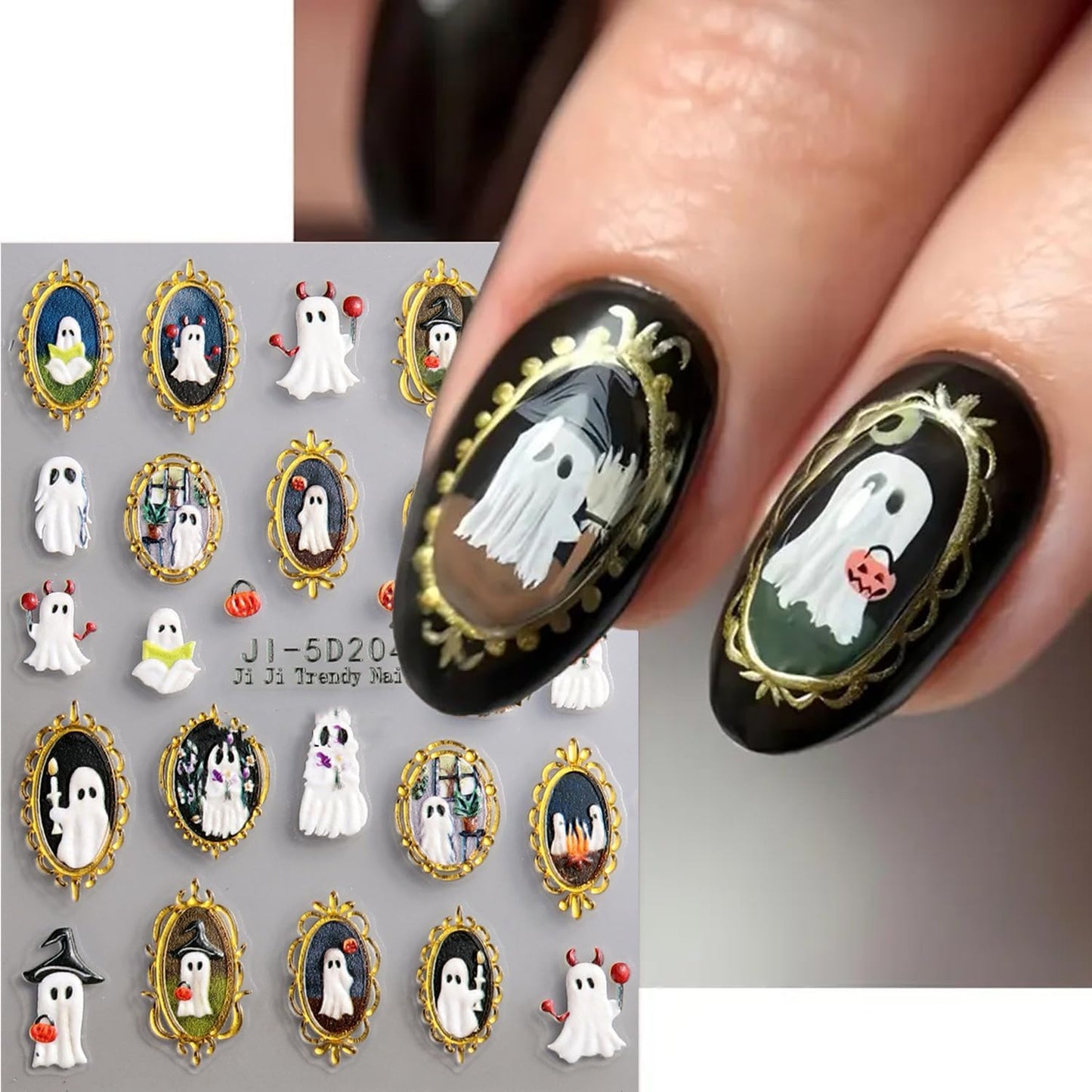 Halloween Nails Stickers White Ghost Nails Sticker 5D Embossed Cute Ghost with Gold Frame Self Adhesive Sticker Nail Decals Pumpkins Nail Art Decal Halloween Decals for Nail DIY Manicure 1Sheet