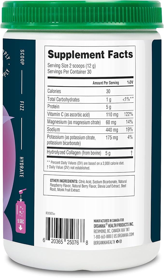 Organika Electrolytes + Enhanced Collagen- Wildberry Flavor- Sugar-Free Hydration + Protein 360 Gram - 30 Servings
