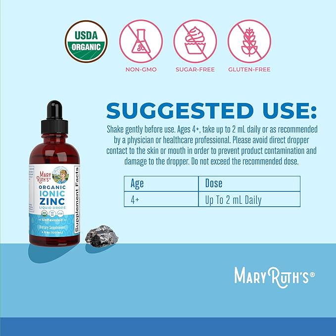 MaryRuth Organics Zinc Supplements for Immune Support, Liquid Zinc Supplement, Immune Support Supplement for Kids, Ages 4-13, Zinc Sulfate, Vegan, USDA Organic, Glycerin Based, 2 Fl Oz