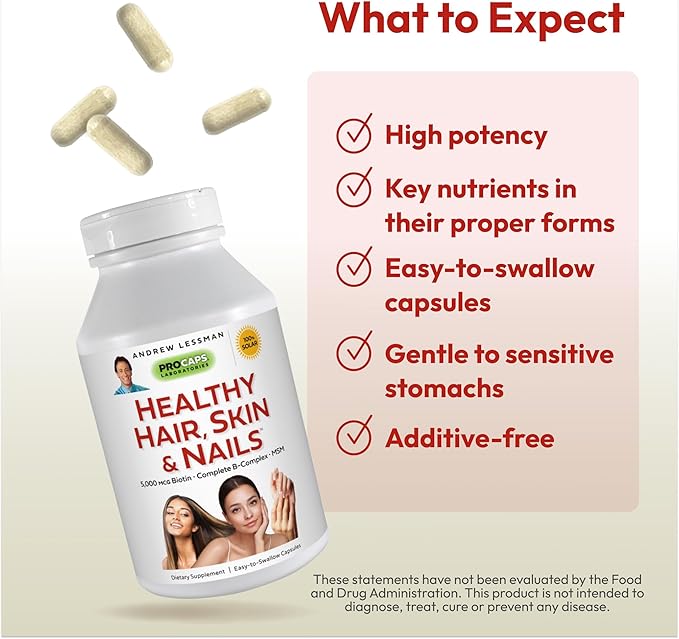 ANDREW LESSMAN Healthy Hair, Skin & Nails 120 Capsules – 5000 mcg High Bioactivity Biotin, B-Complex - Promotes Beautiful Hair, Skin, Strong Nails - No Additives Hair Growth Vitamins Biotin Supplement