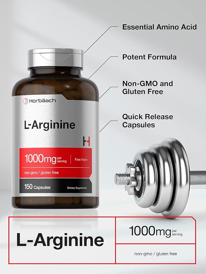 Horbäach L Arginine 1000mg Capsules | 150 Powder Pills | Free Form | Non-GMO & Gluten Free Supplement