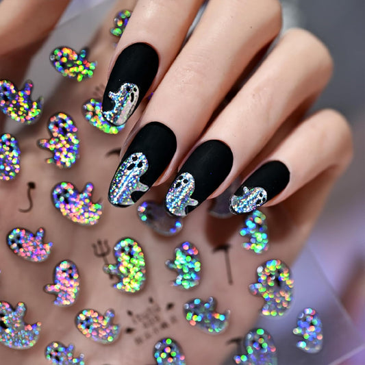 Halloween Nail Stickers for Nail Art Colorful Glitter Silver Cute Ghost Nail Art Stickers 5D Embossed Nail Decals 3D Self-Adhesive Nails Supply Manicure Sliders for Nails Decoration