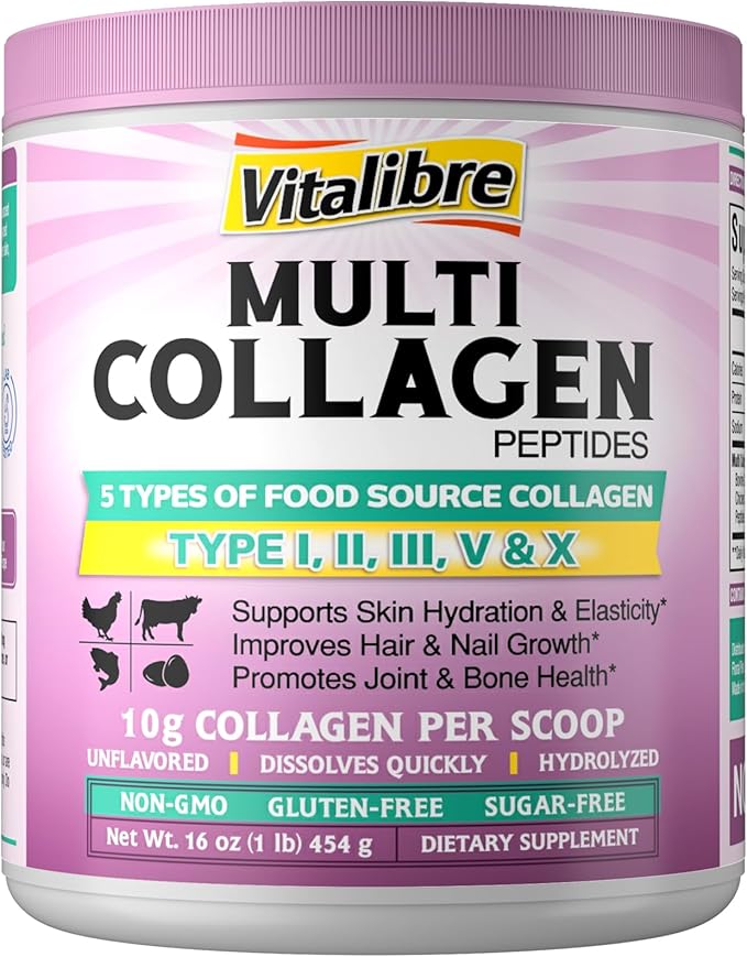 Multi Collagen Peptides Powder Type I II III V X, Hydrolyzed Collagen Protein for Women and Men, Skin, Hair, Nails and Joints, Unflavored, Non-GMO, Keto & GF, Zero Sugar, 45 Servings, 16oz
