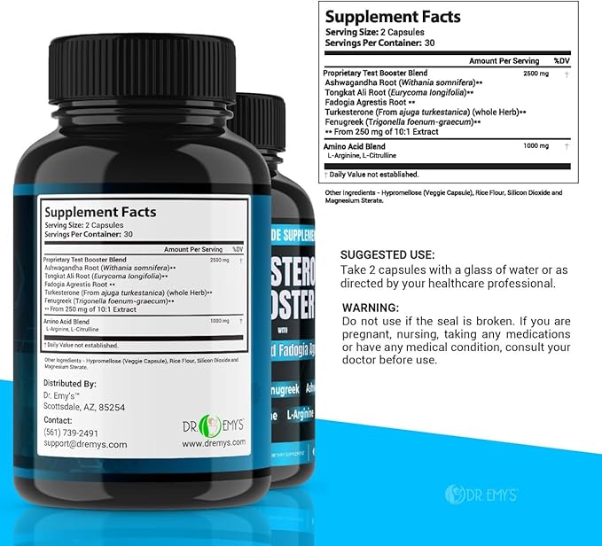 Dr. Emy's (1 Pack Testosterone Booster-Tongkat Ali Fadogia Agrestis Nitric Oxide Ashwagandha Supplement for Men with L Arginine Citrulline Fenugreek - Turkesterone Pre Workout Pump (60 Capsules)