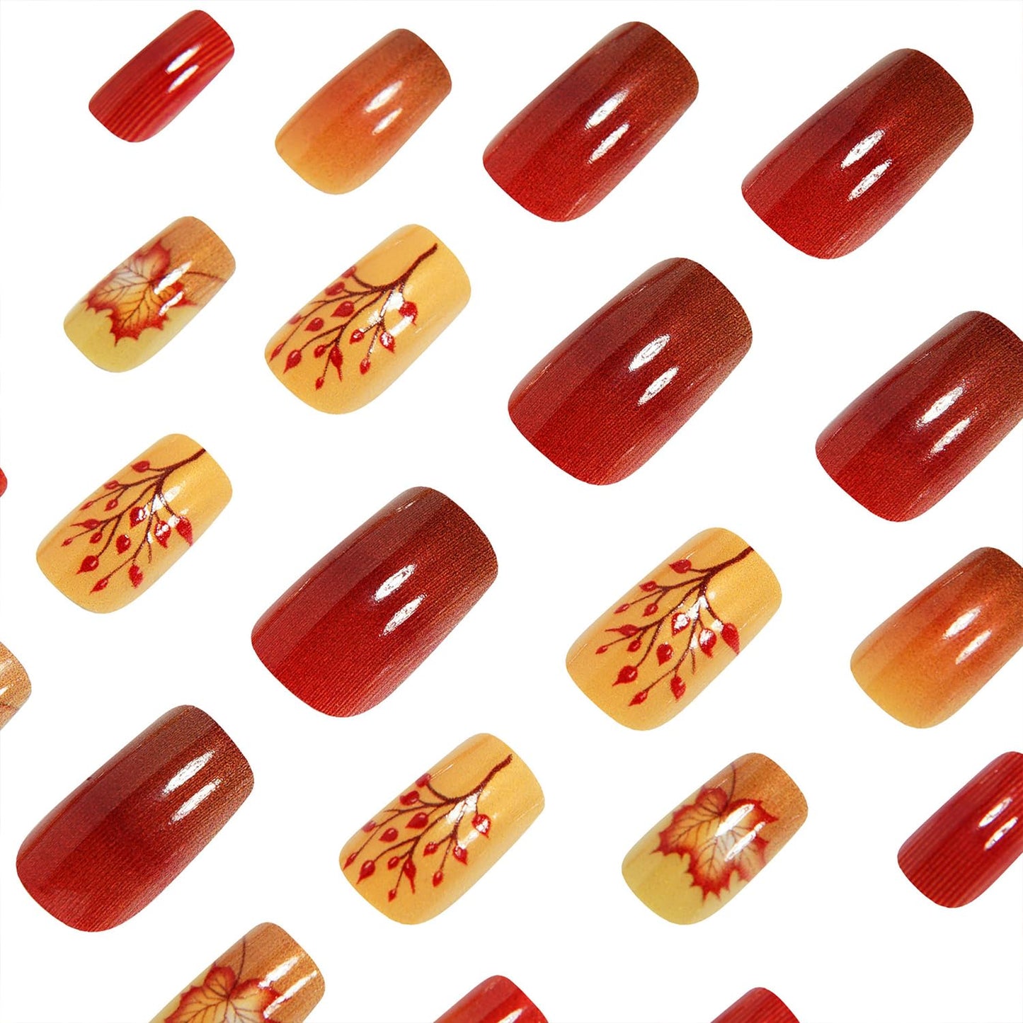 Brown Gradient Maple Leaf Press on Nails Medium Square Fall Fake Nails Thanksgiving Maple Leaves Glue on Nail Glossy Autumn Acrylic Stick on Nail for Women DIY Manicure